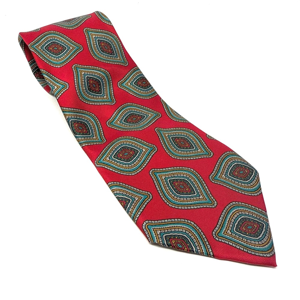 Crowleys Private Stock Red 100% Silk Tie Paisley Diamond Pattern Handmade Men's